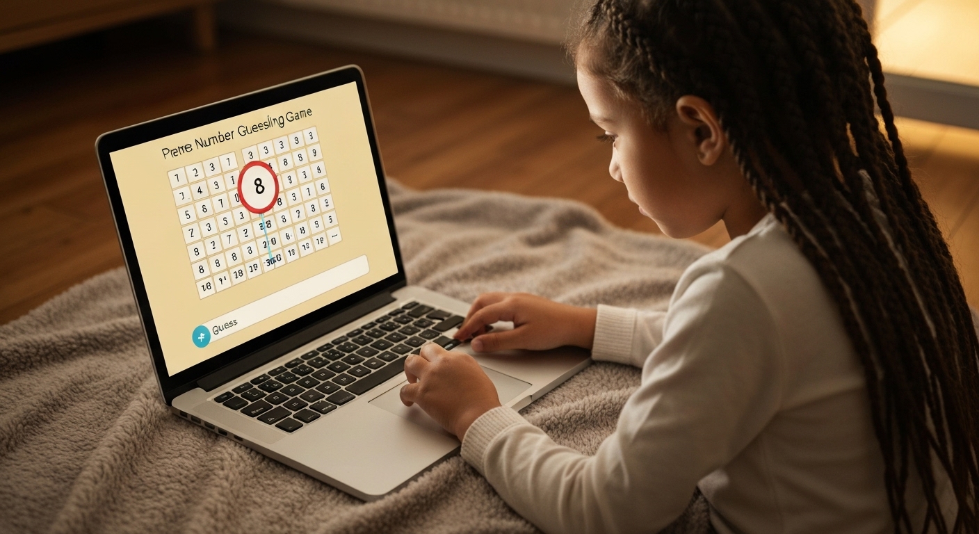 텍스트 기반 숫자 야구 게임을 노트북에서 즐기는 아이의 모습