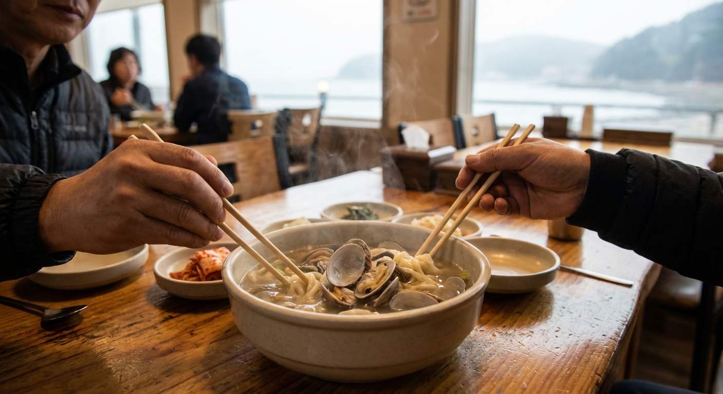 따뜻한 바지락 칼국수가 놓인 식당 테이블에서 젓가락을 들고 식사를 준비하는 한국 성인의 손.