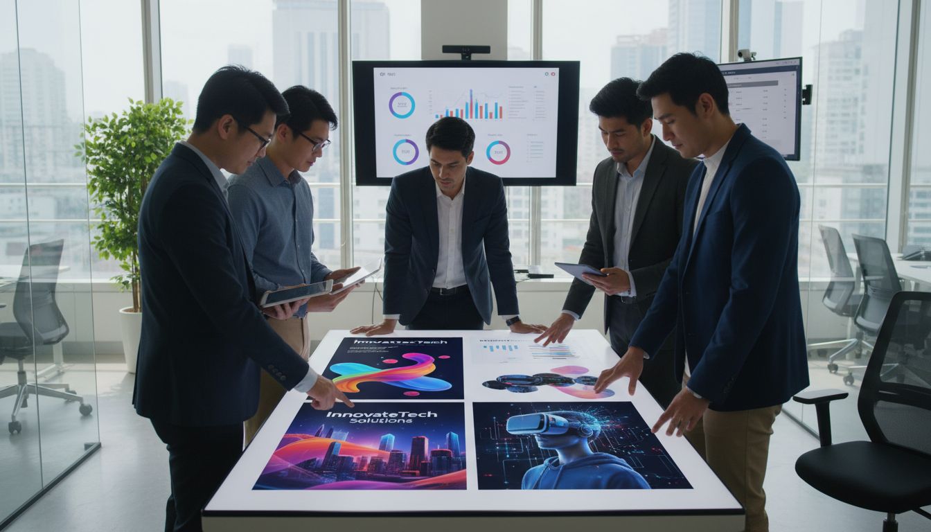 Business team collaborating on AI-generated digital marketing visuals in office