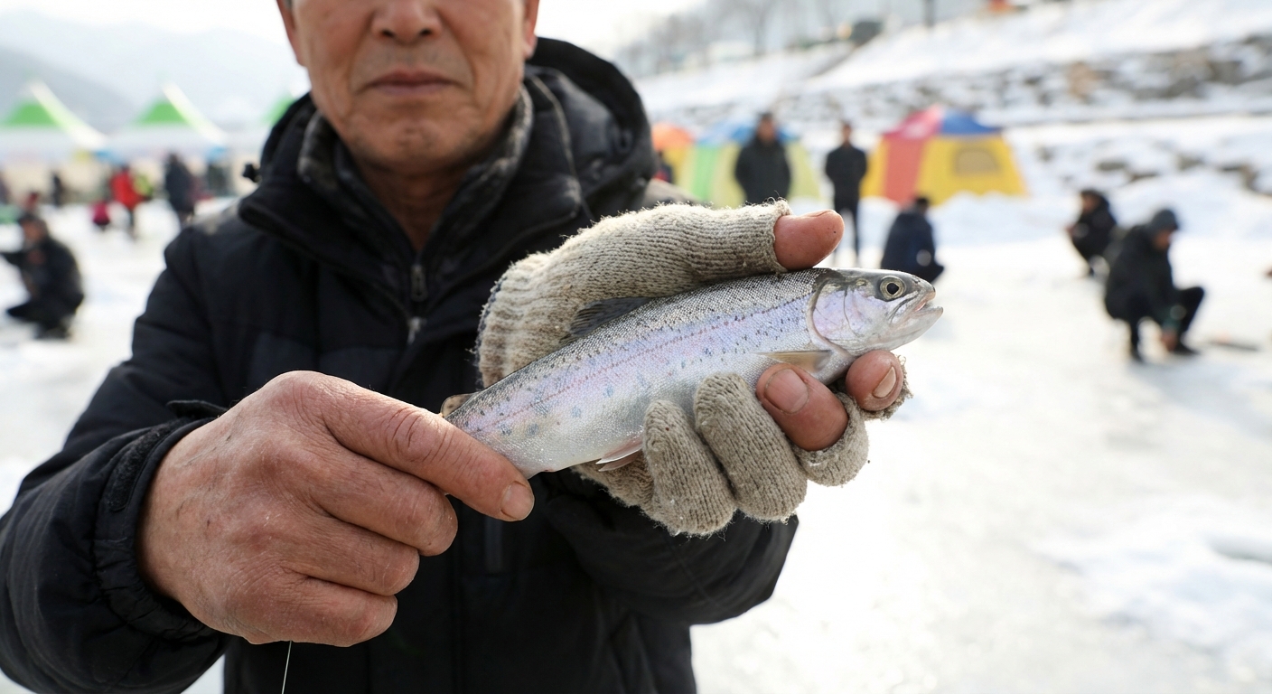 한 한국인 성인의 손이 갓 잡은 산천어 물고기를 들고 있는 모습.