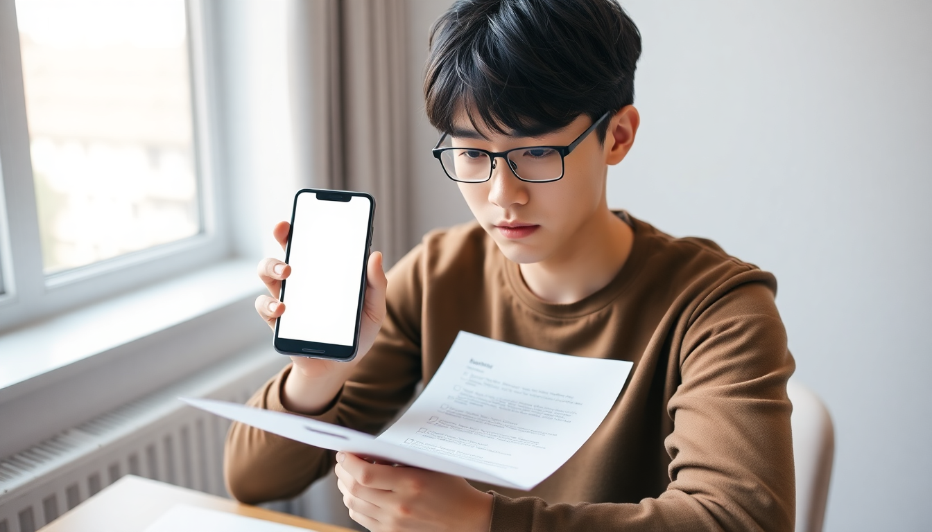 한 젊은 성인이 책상에 앉아 스마트폰을 들고 서류의 체크리스트 항목을 펜으로 확인하고 있는 뒷모습.