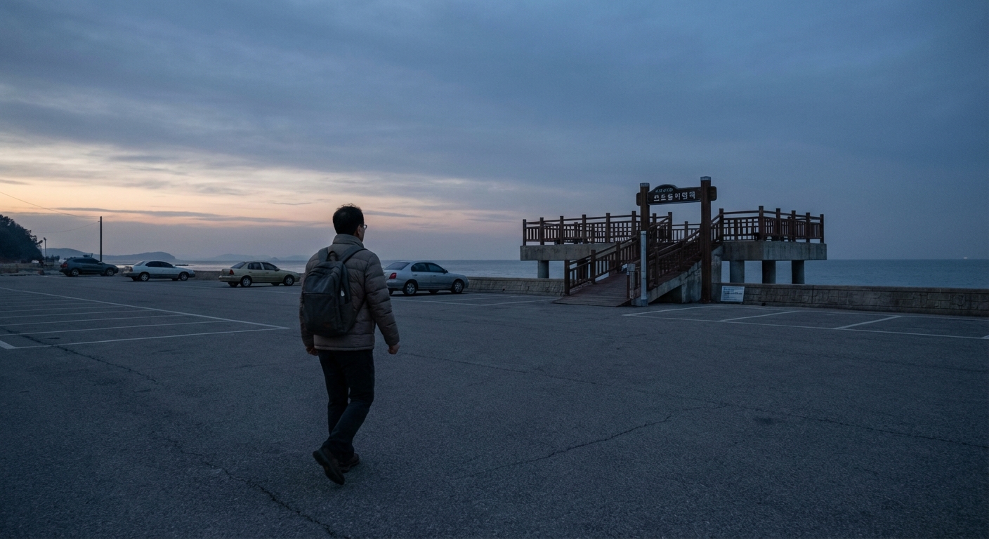 해돋이 명소의 넓은 주차장에 한두 대의 차량이 주차되어 있고, 한국 성인이 주차장을 가로질러 걸어가는 모습.