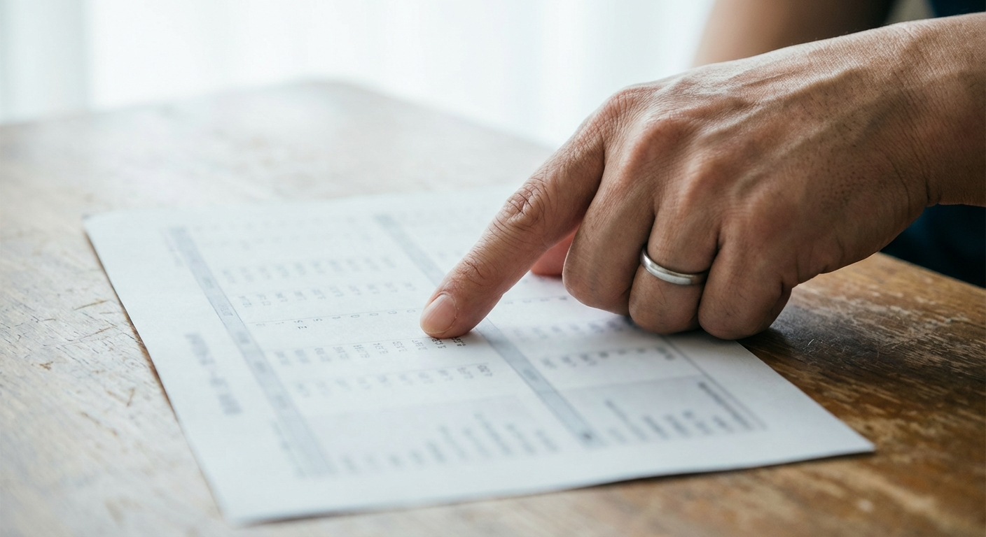 급여 명세서나 재무제표와 유사한 문서의 특정 부분을 손가락으로 가리키고 있는 한국 성인의 손 클로즈업