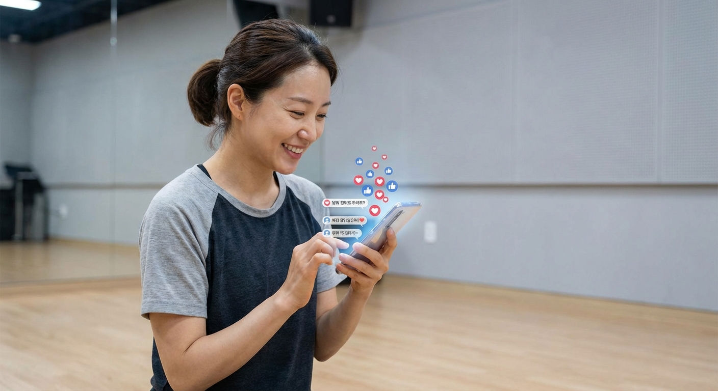 스마트폰 화면에 자신의 춤 릴스에 달린 팔로워들의 긍정적인 댓글과 좋아요를 보고 있는 한국인 여성 댄서.