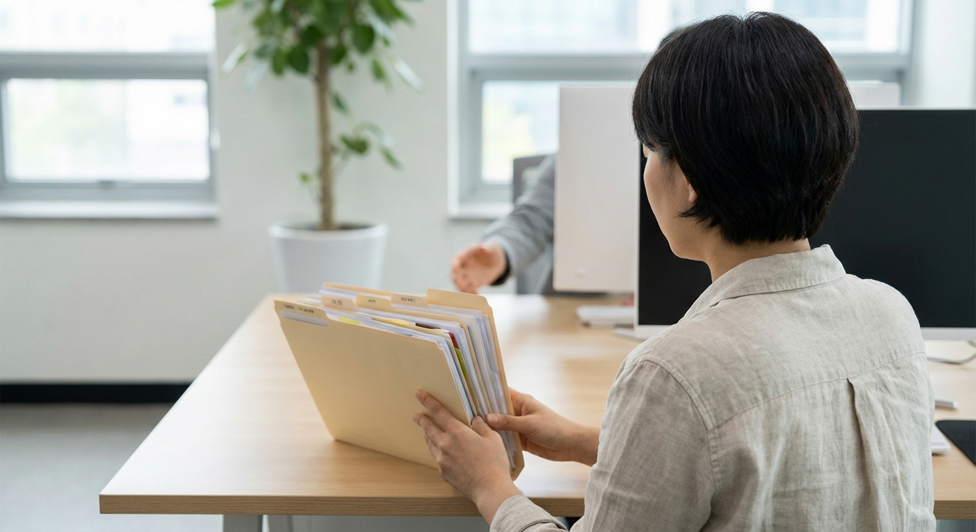 깔끔하게 정리된 서류 파일을 미니멀한 사무실 책상 위에 조심스럽게 놓는 한국인 성인의 어깨 너머 촬영 이미지로, 배경에는 다른 사람의 손이 서류를 받으려 내미는 모습이 흐리게 보인다.