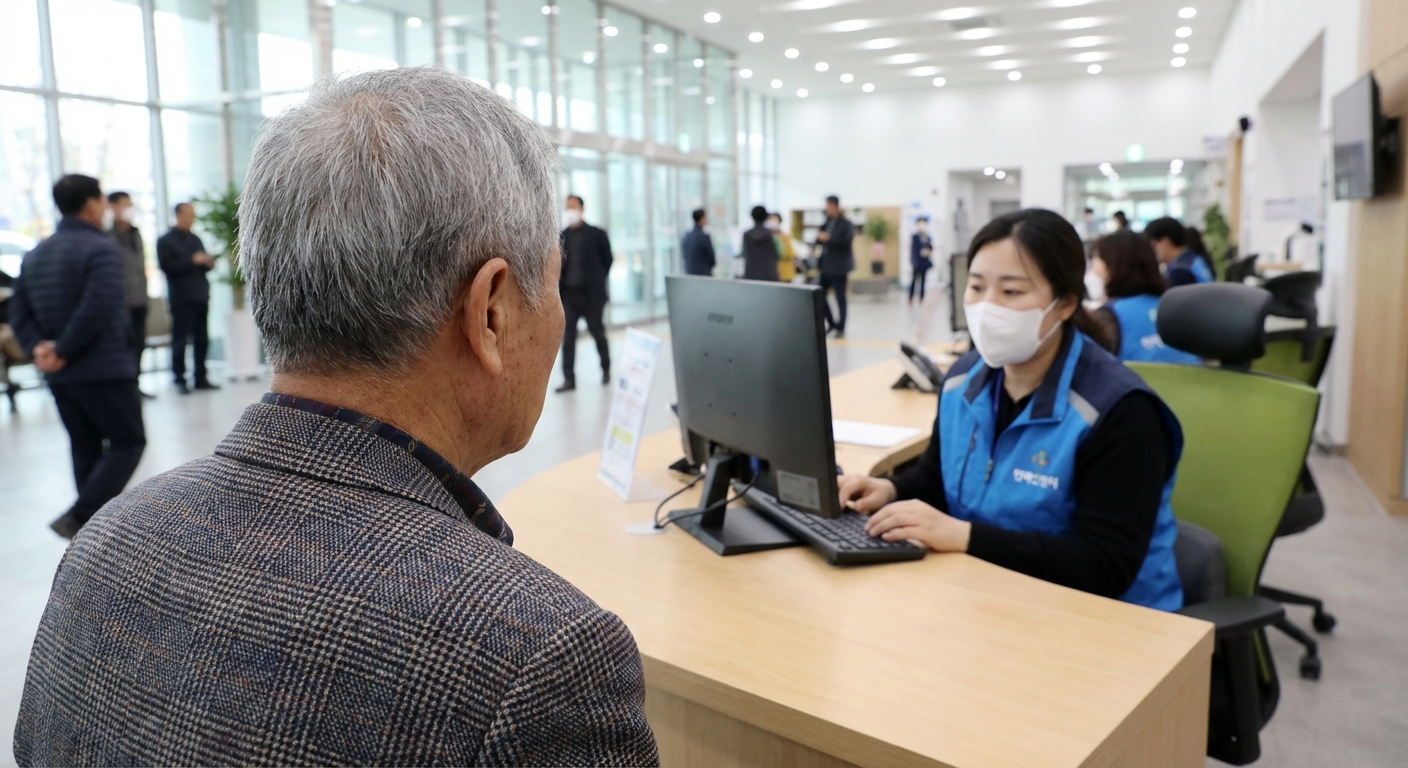 주민센터에서 공무원과 기초연금 신청 상담을 하는 노년 남성의 뒷모습