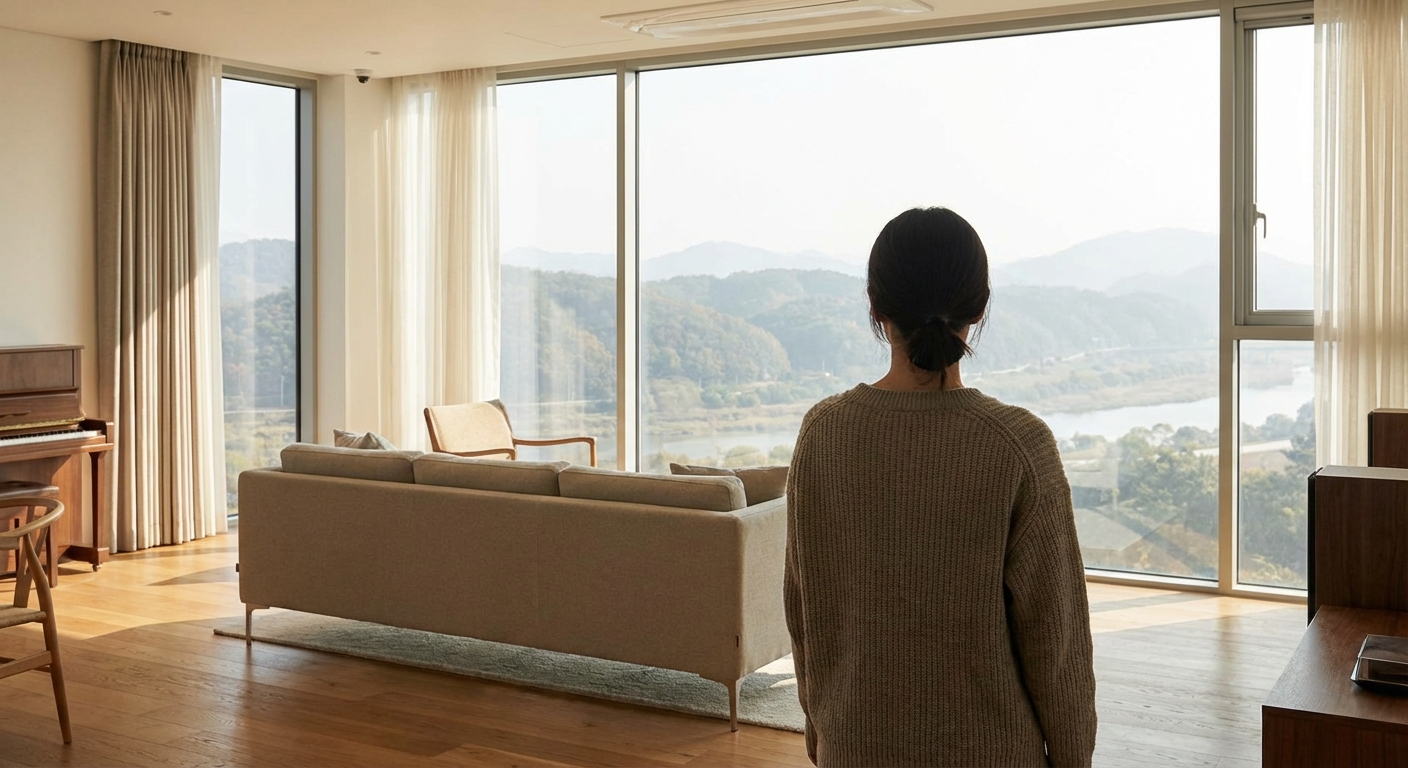 창밖의 풍경을 바라보며 장기적인 시야를 상징하는 한국 성인의 뒷모습