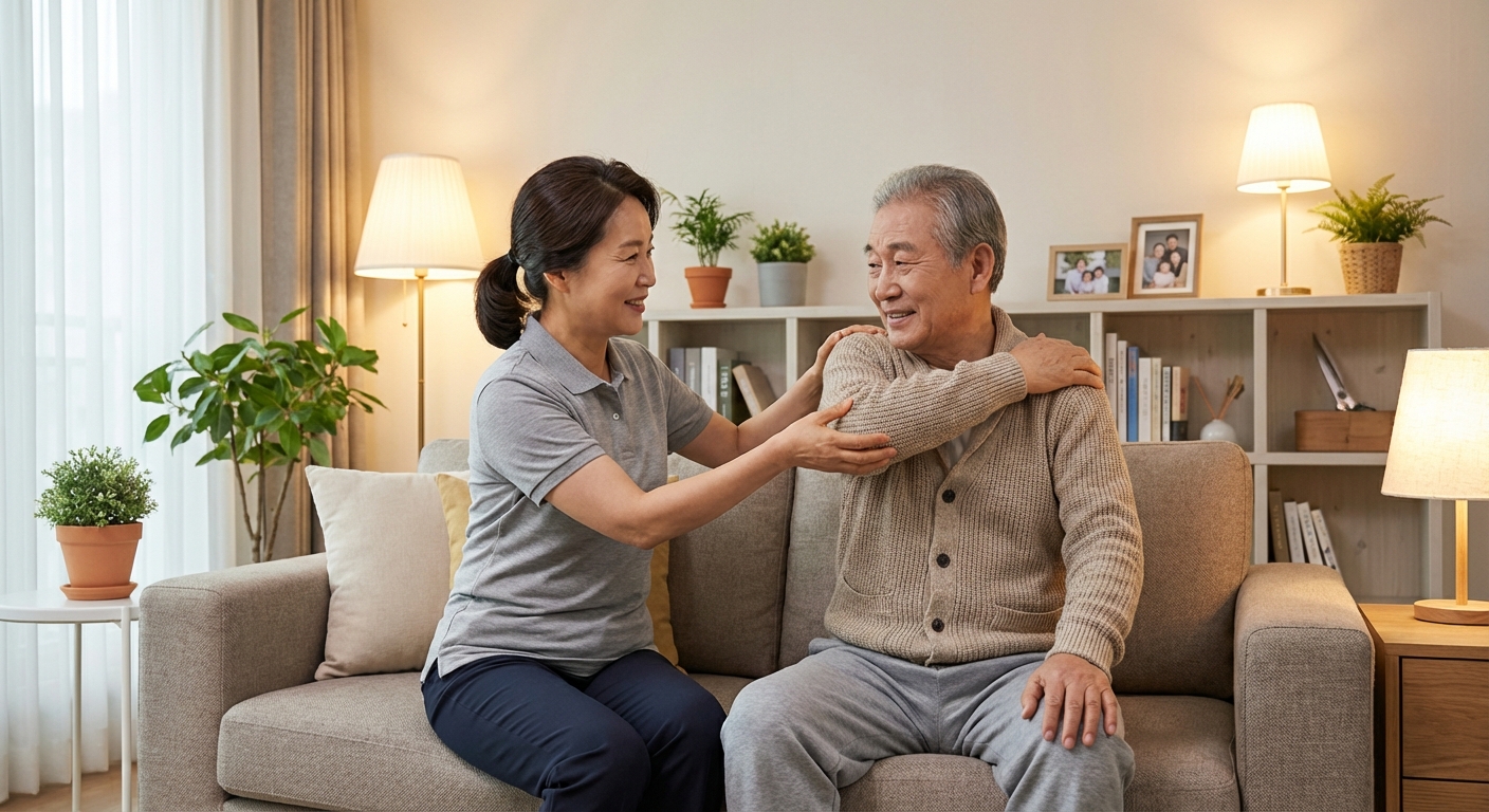 2026년 노인 복지 정책: 기초연금 인상과 저소득층 노인 지원 제도 변화 완벽 이해 3 전문 한국인 요양보호사가 편안한 집에서 한국인 어르신의 스트레칭 운동을 부드럽게 돕는 모습.