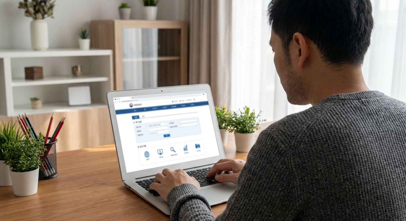 프리랜서가 노트북으로 온라인 세금 신고를 하는 뒷모습