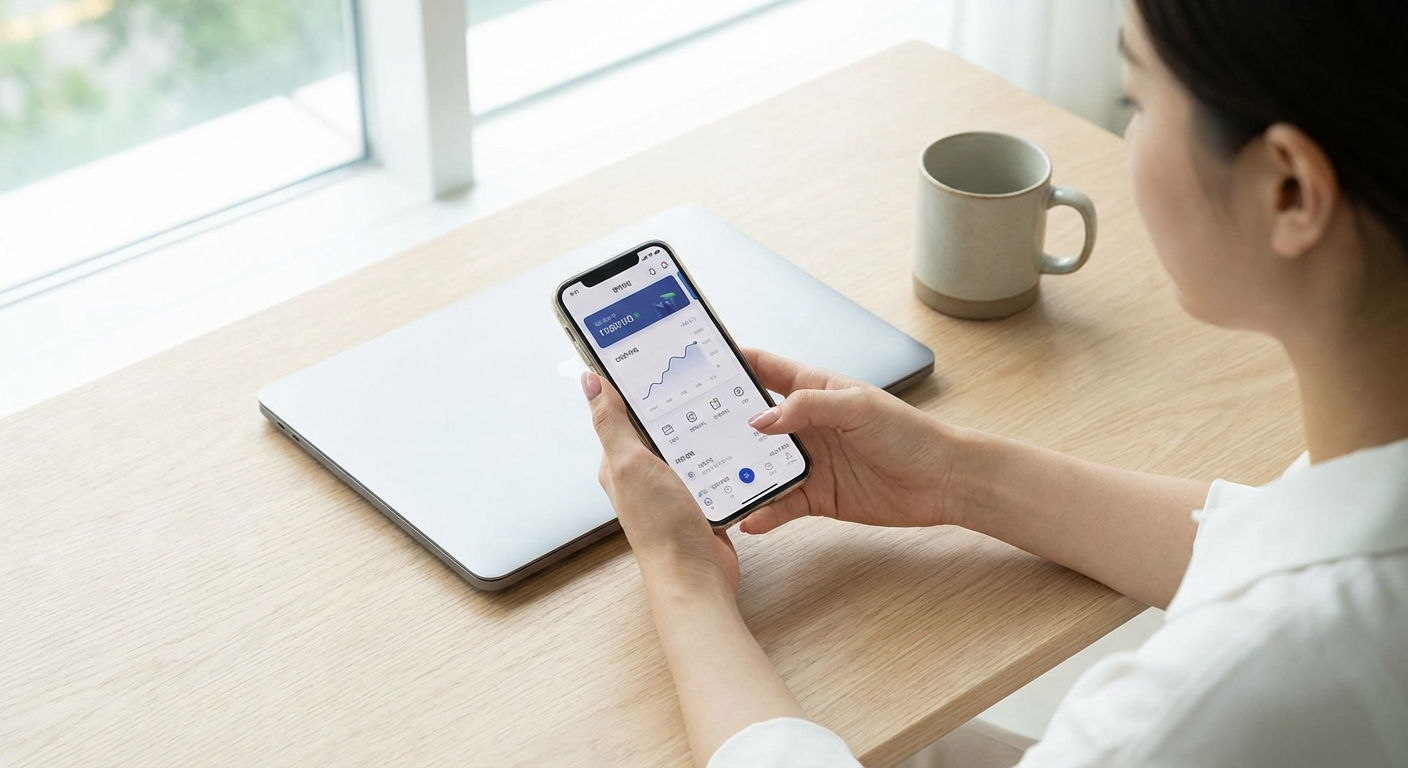 한국 성인의 손이 스마트폰으로 구독이나 금융 앱을 관리하는 하이 앵글 샷, 미니멀한 책상과 노트북이 보인다.