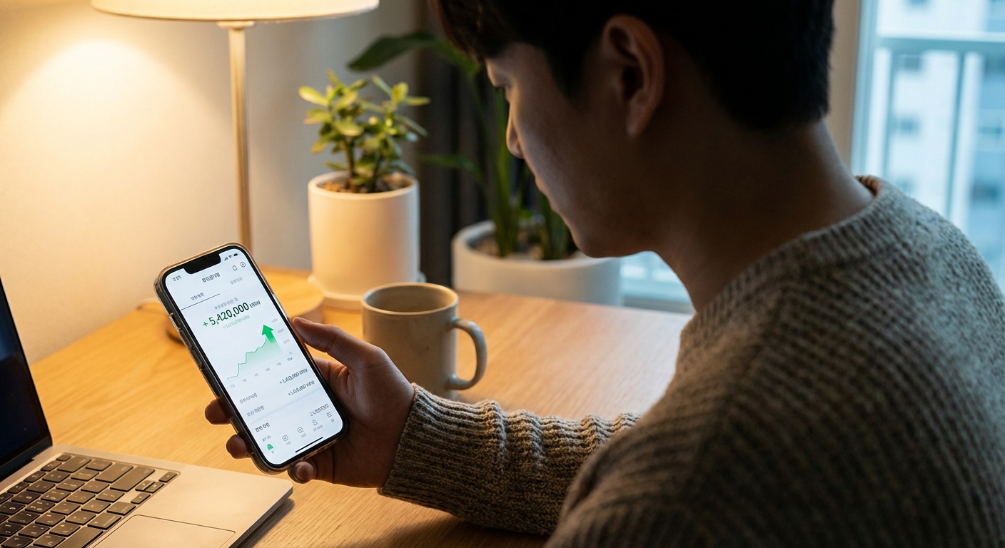 스마트폰으로 모바일 뱅킹 앱에서 늘어난 잔액을 확인하는 한국인 성인의 어깨 너머 근접 촬영 이미지.