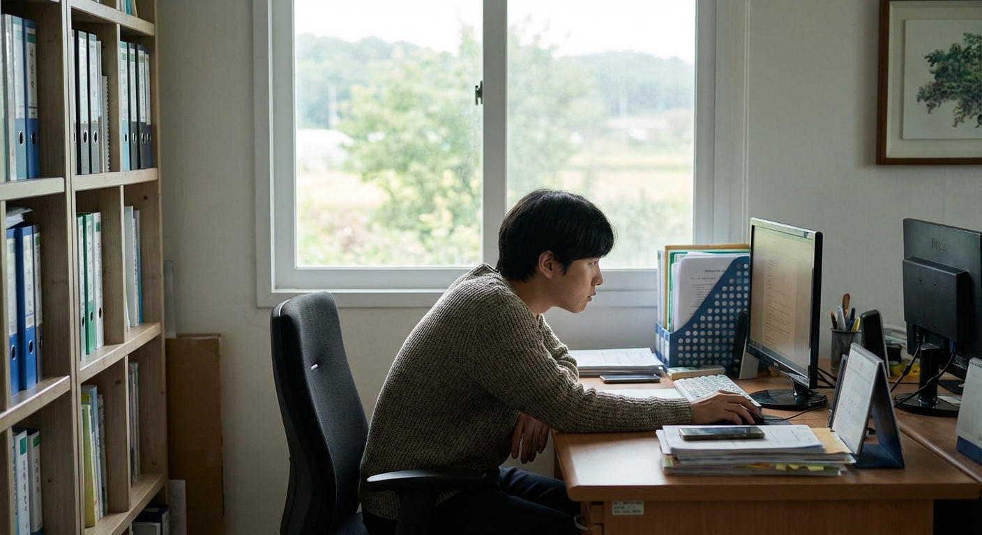 2026년 청년일자리도약장려금 완벽 가이드: 지원 대상, 신청 방법, 그리고 놓치지 말아야 할 개편 내용 4 비수도권 지역의 사무실에서 컴퓨터 작업을 하는 한국 청년의 옆모습.