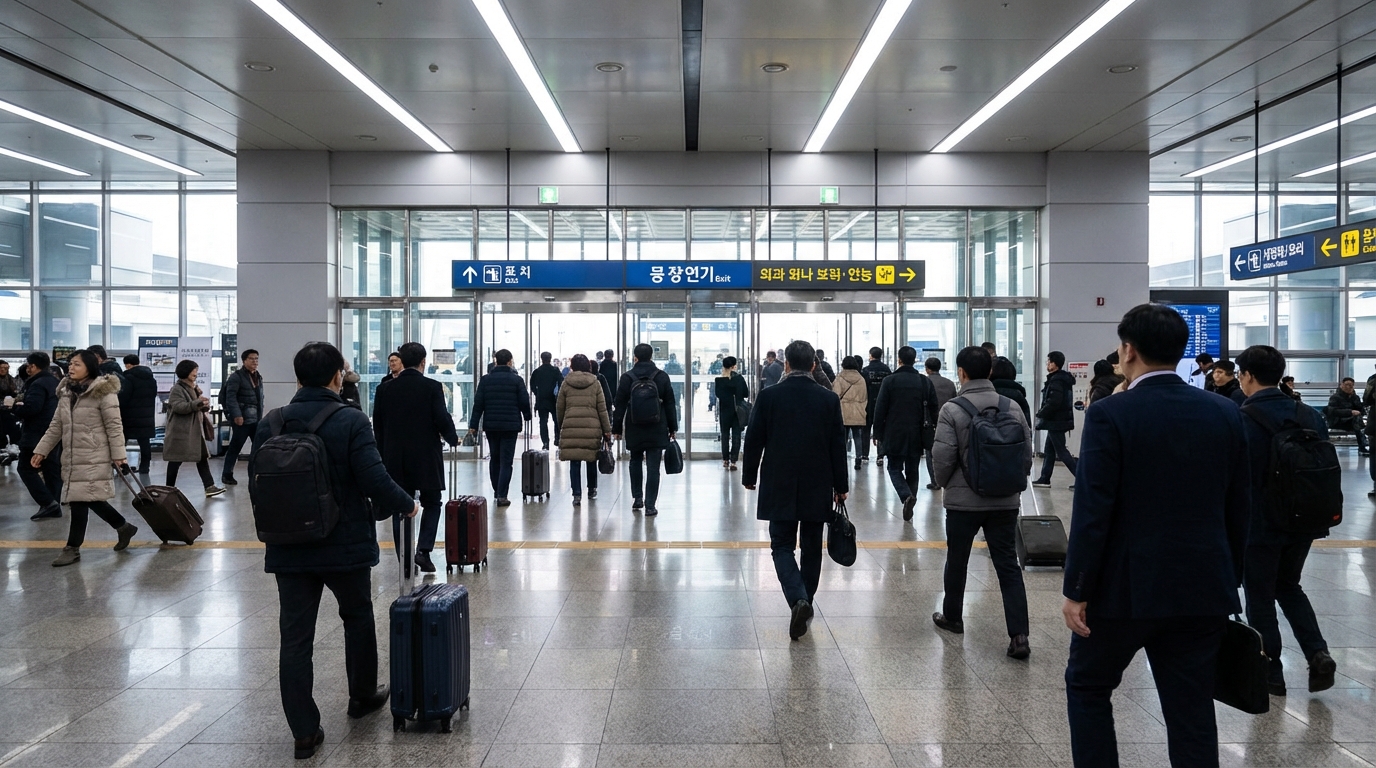 설날 귀성객들이 짐을 들고 역 출구로 향하는 모습