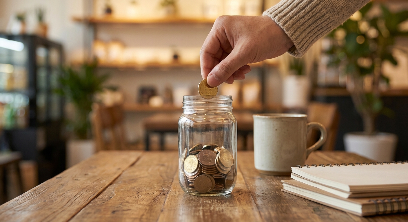투명한 저금통에 동전을 넣고 있는 한국 성인의 손