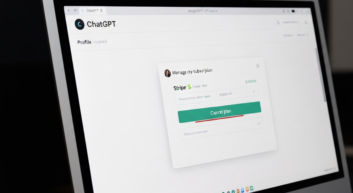 PC 웹사이트에서 ChatGPT 프로필 메뉴와 구독 관리 페이지를 보여주며 플랜 취소 버튼을 강조한 화면