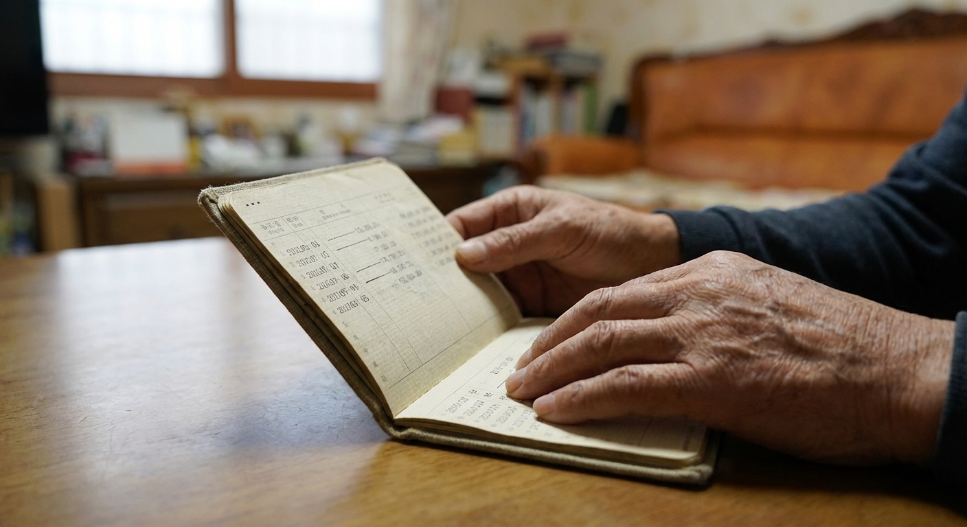 노년층을 위한 기초연금 인상을 상징하는, 통장을 들여다보는 노인의 손 클로즈업.