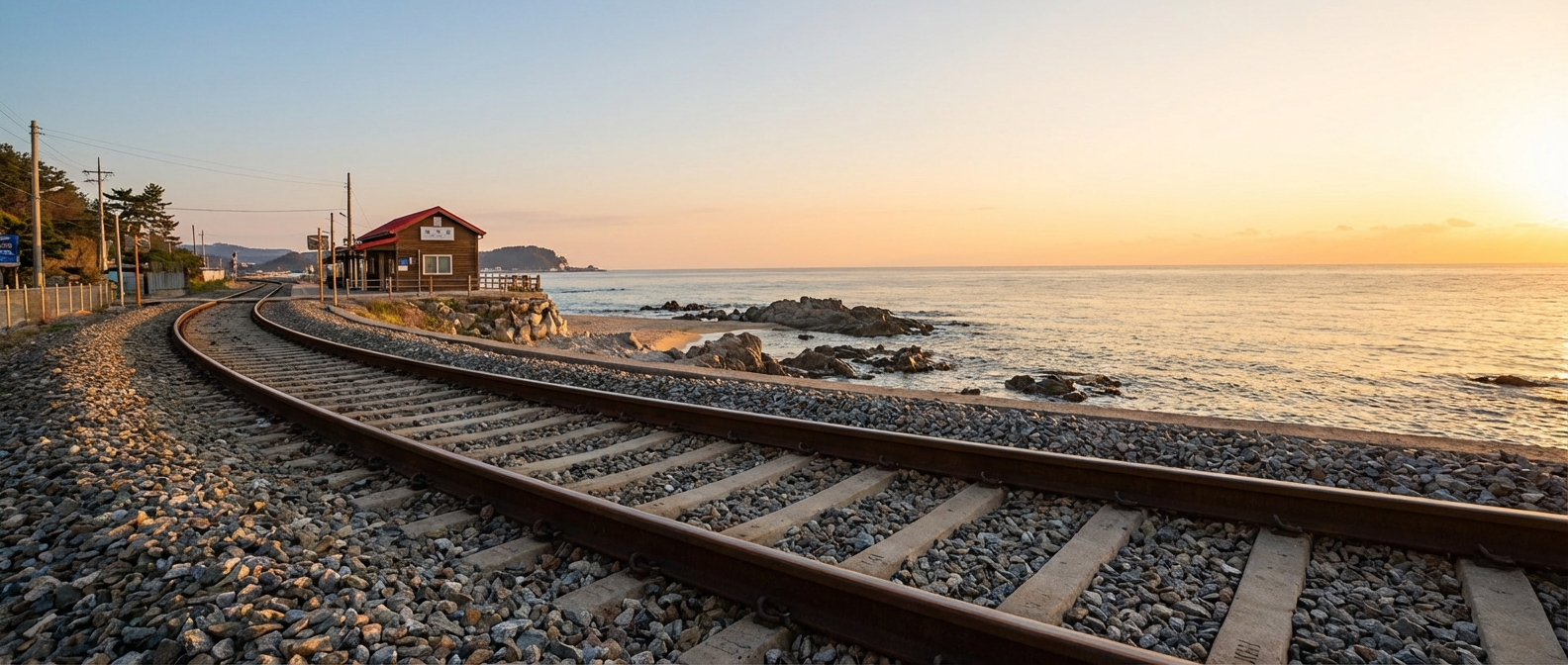 해변을 따라 구불구불 이어지는 기찻길과 저 멀리 작은 역이 보이는 정동진 해변의 아침 풍경