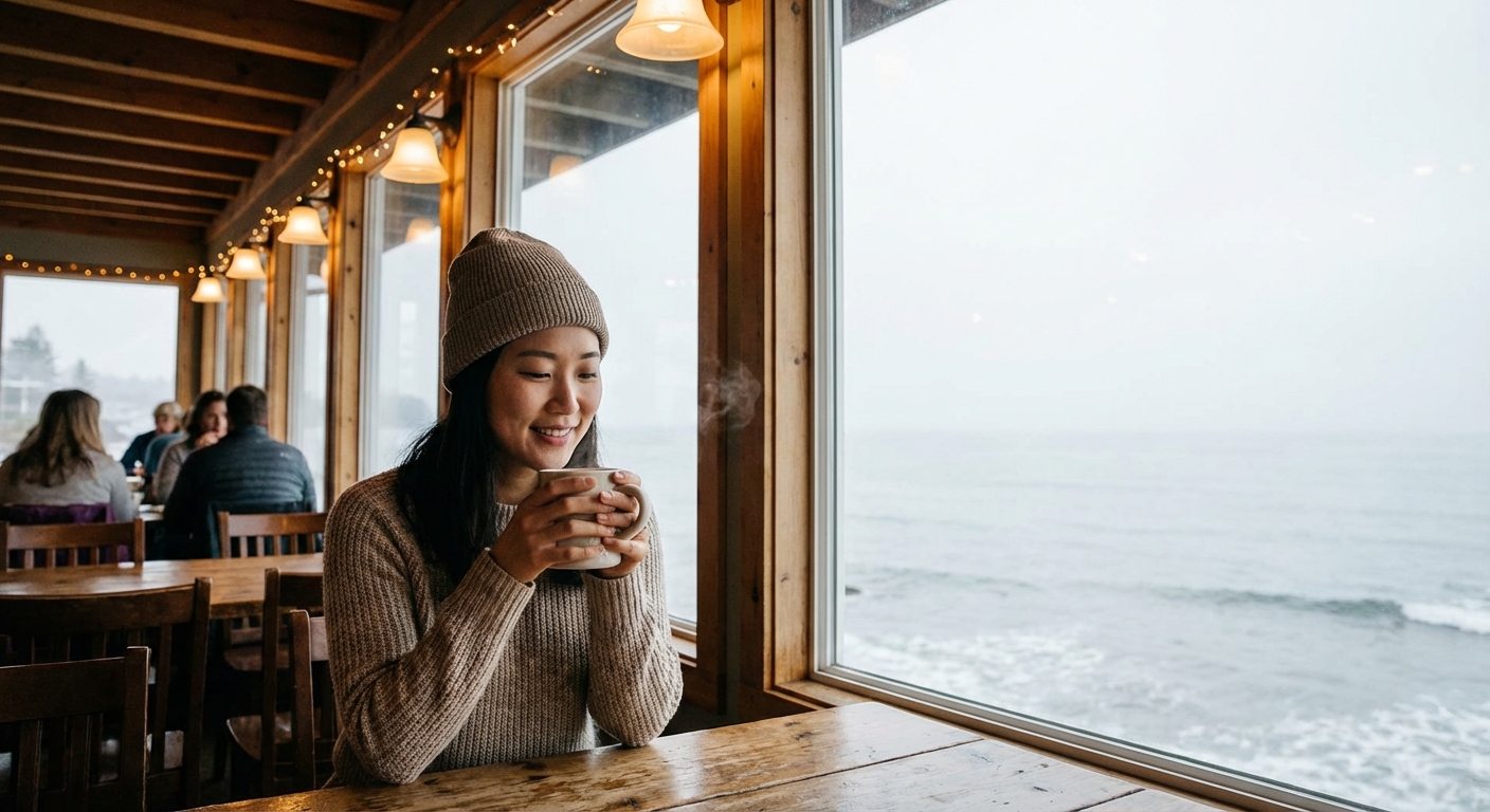 넓은 창문 너머로 겨울 바다가 보이는 아늑한 카페에서 따뜻한 음료를 즐기는 한국 성인