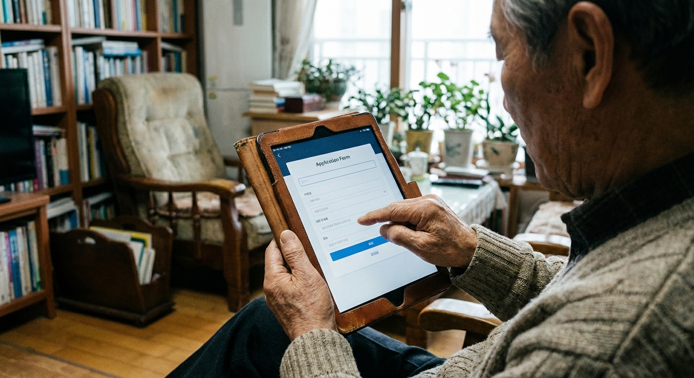 집에서 태블릿으로 복지 혜택 신청서를 작성하는 한국인 노년 남성의 어깨 너머 시점.