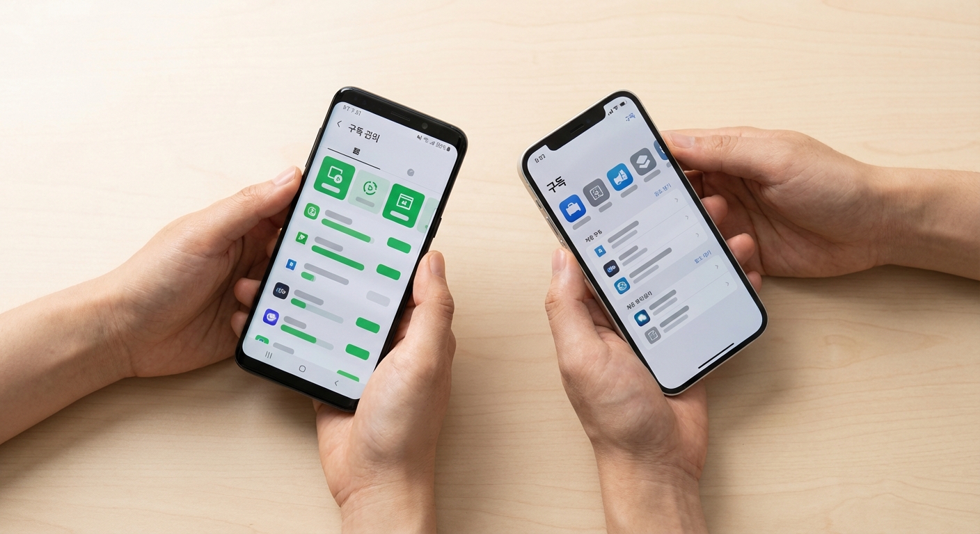 안드로이드폰과 아이폰을 각각 들고 있는 두 한국 성인의 손, 각기 다른 앱 스토어 구독 관리 페이지가 보이며, 깨끗한 테이블 위에서 찍은 하이 앵글 샷