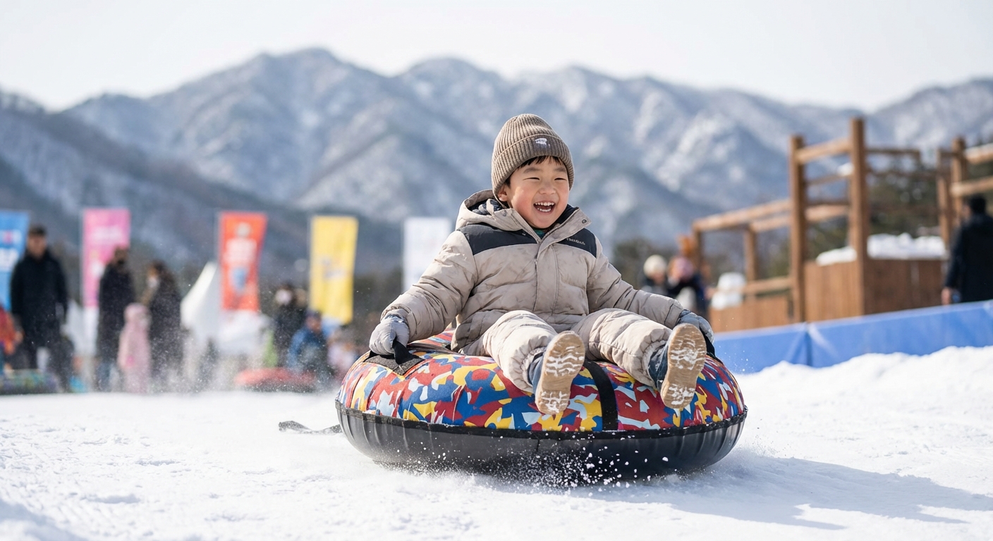 눈썰매를 타고 신나게 미끄러져 내려오는 한국 어린이의 모습.