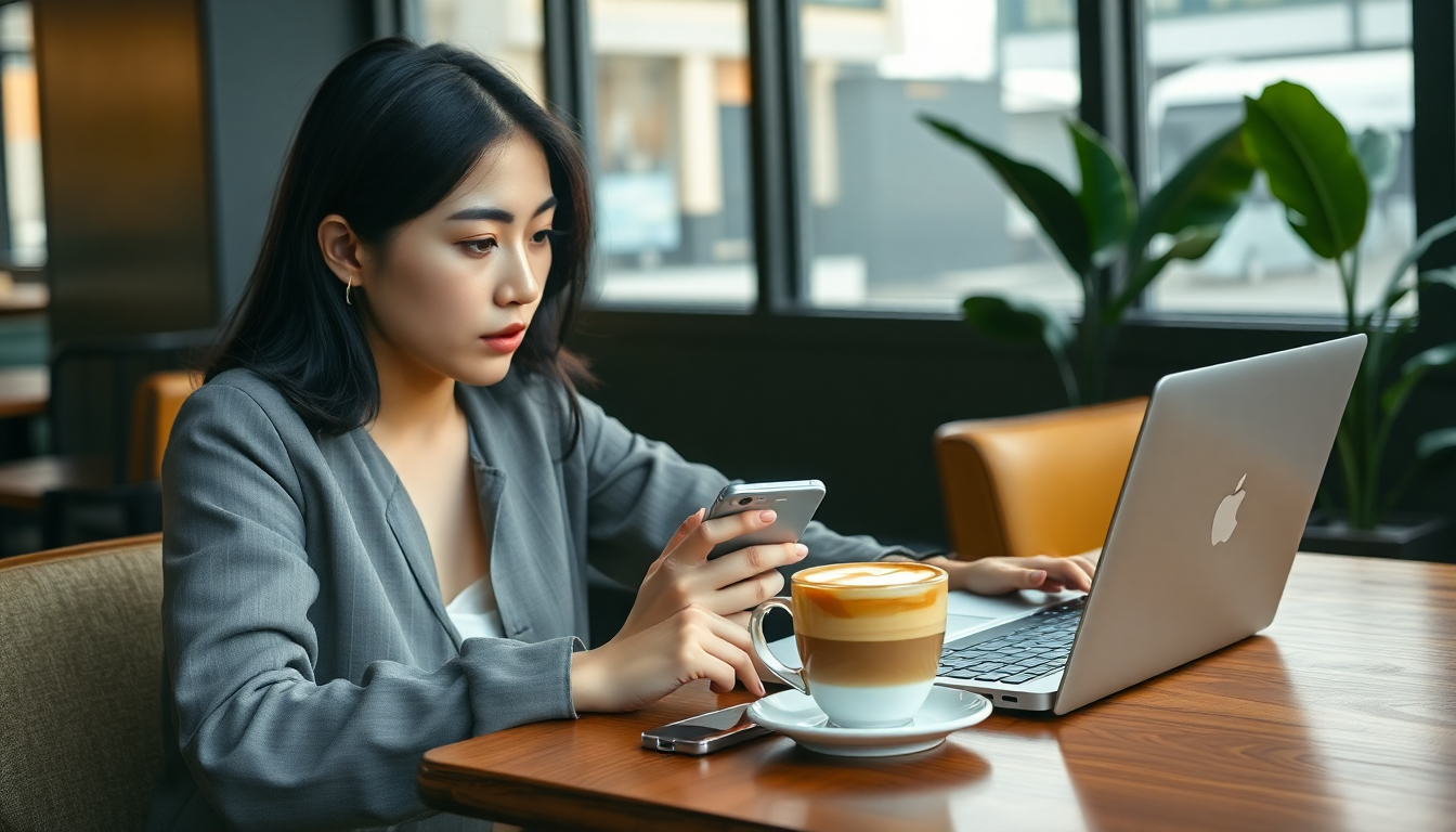 서울의 한 카페에서 노트북과 스마트폰으로 베트남 여행을 계획하고 있는 젊은 한국 여성