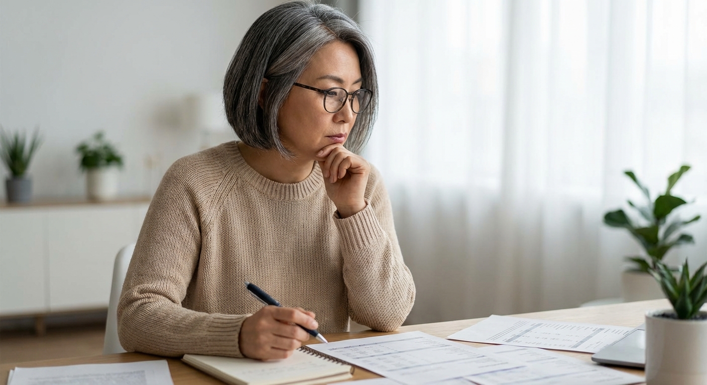 한국 성인이 얕은 심도로 재무 계획 서류를 보며 연말정산 절세 전략을 세우는 모습.