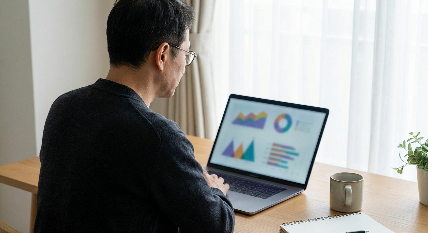 노트북 화면의 데이터를 보며 현명한 소비를 고민하는 한국 성인.