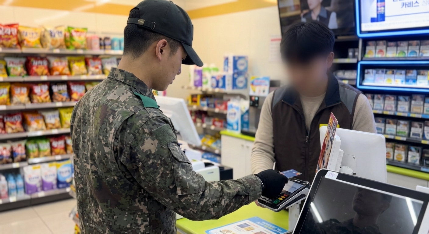 군인이 편의점에서 나라사랑카드로 결제하는 모습.