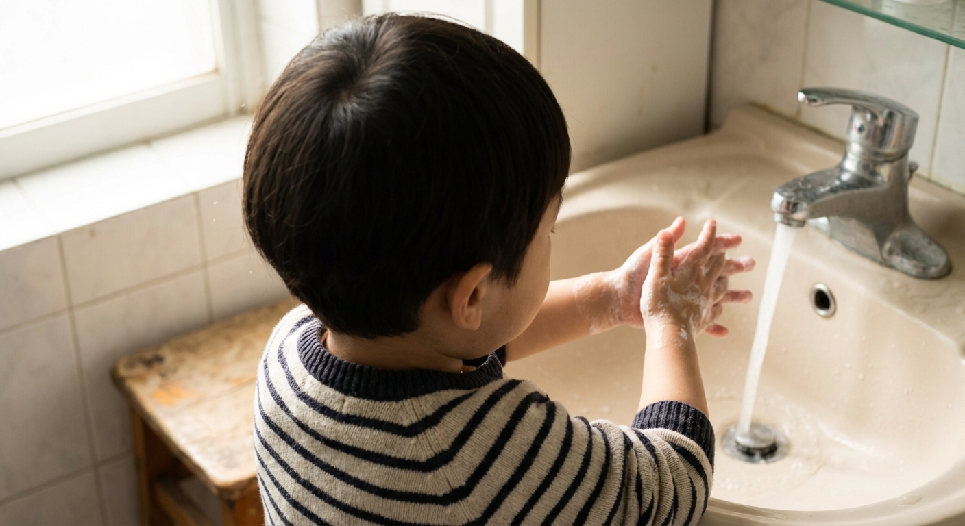 욕실 세면대에서 비누로 손을 꼼꼼히 씻는 한국인 아이의 모습