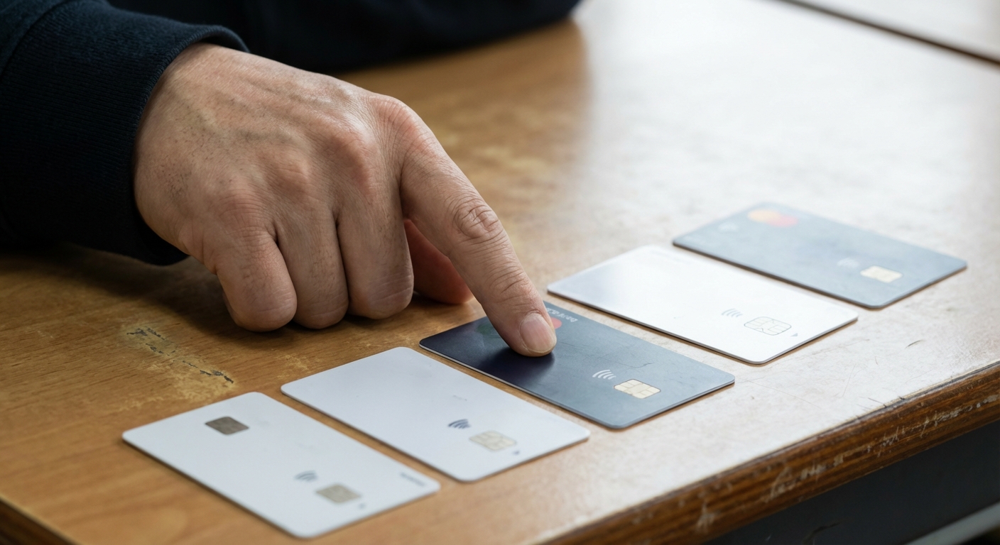 생계비통장 혜택 비교 및 최적 은행 선택 가이드 3 단순하고 정돈된 책상 위에 깔끔하게 정렬된 여러 신용카드 또는 은행 카드 중 하나를 한국인 성인의 손이 가리키는 약간 높은 각도의 클로즈업 샷