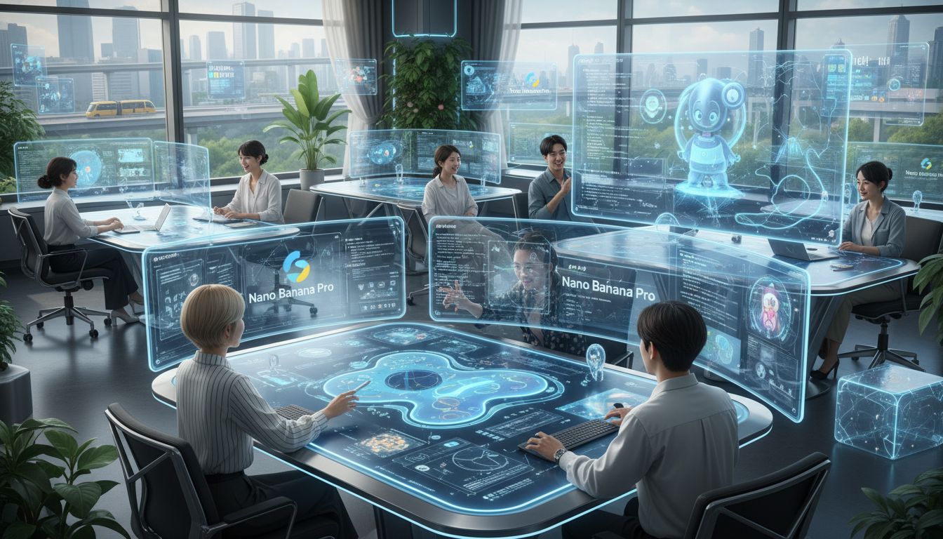 Korean content creators using advanced AI tools in a futuristic office environment