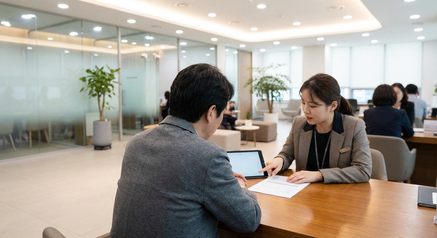 은행에서 직원의 설명을 들으며 서류를 검토하는 한국 성인의 뒷모습