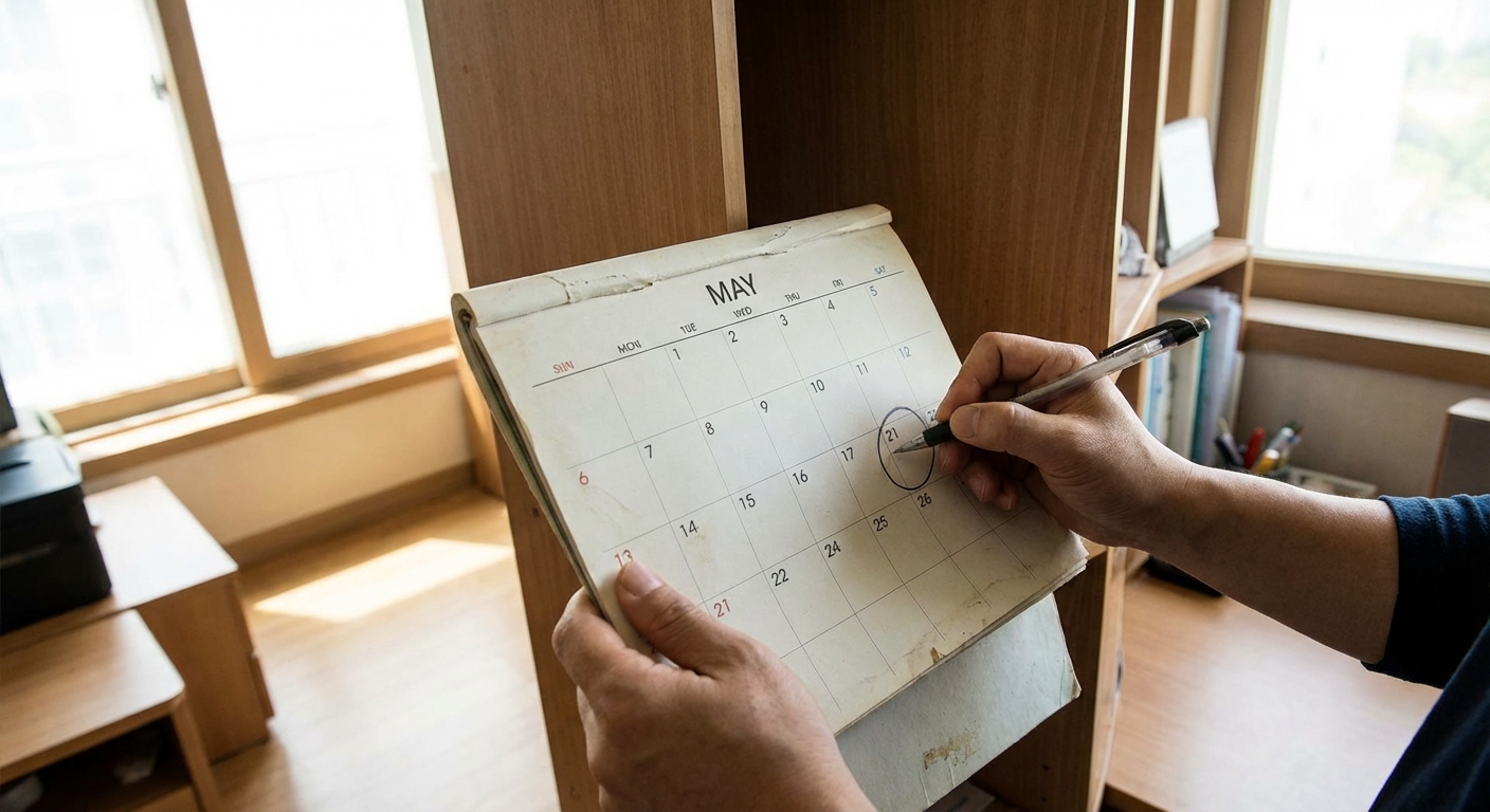 5월이 표시된 달력에 일정을 표시하는 한국인 성인의 손
