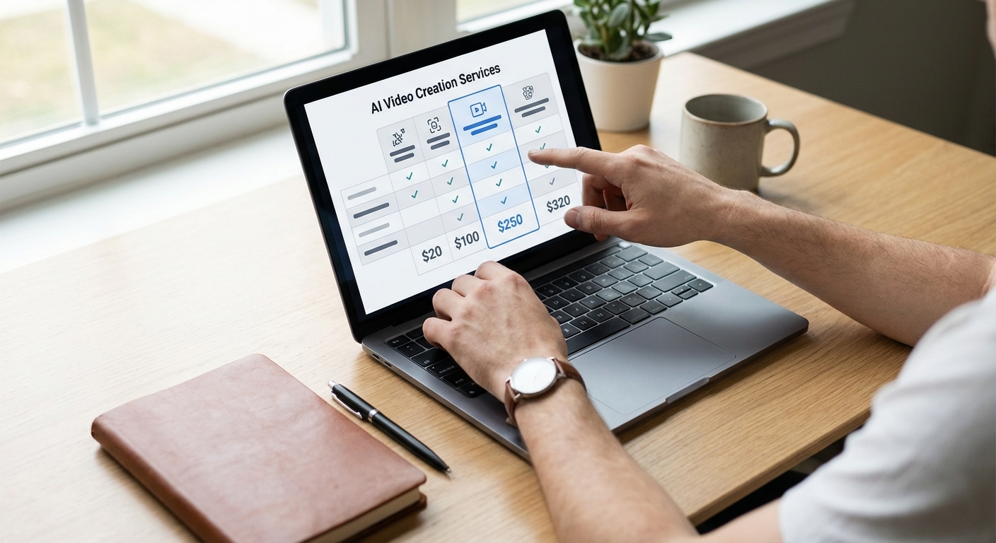 한국 성인의 손이 노트북 화면에 보이는 AI 영상 제작 서비스 비교 차트나 가격표를 가리키는 모습.