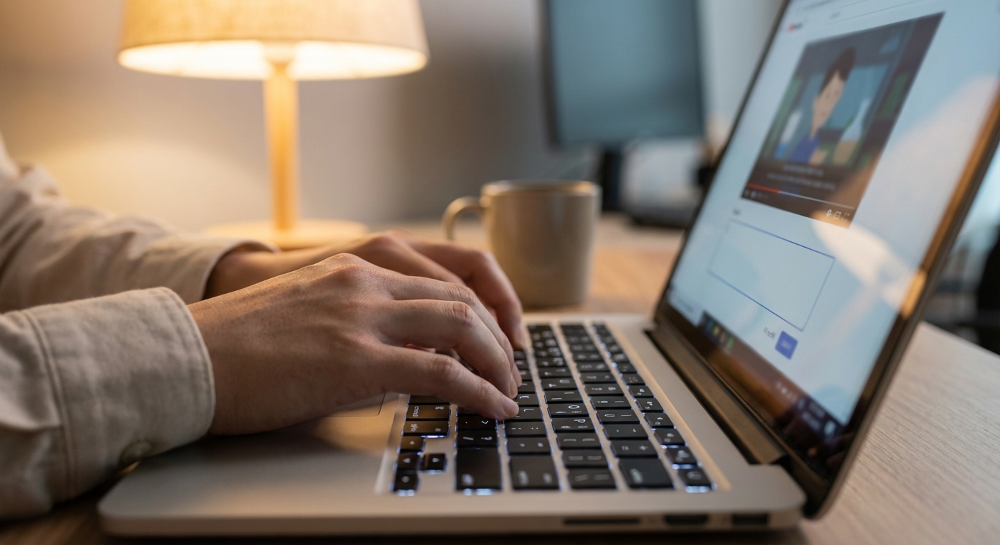 한국 성인의 손이 노트북 키보드로 AI 영상 제작 서비스에 텍스트 프롬프트를 입력하고 있는 클로즈업.