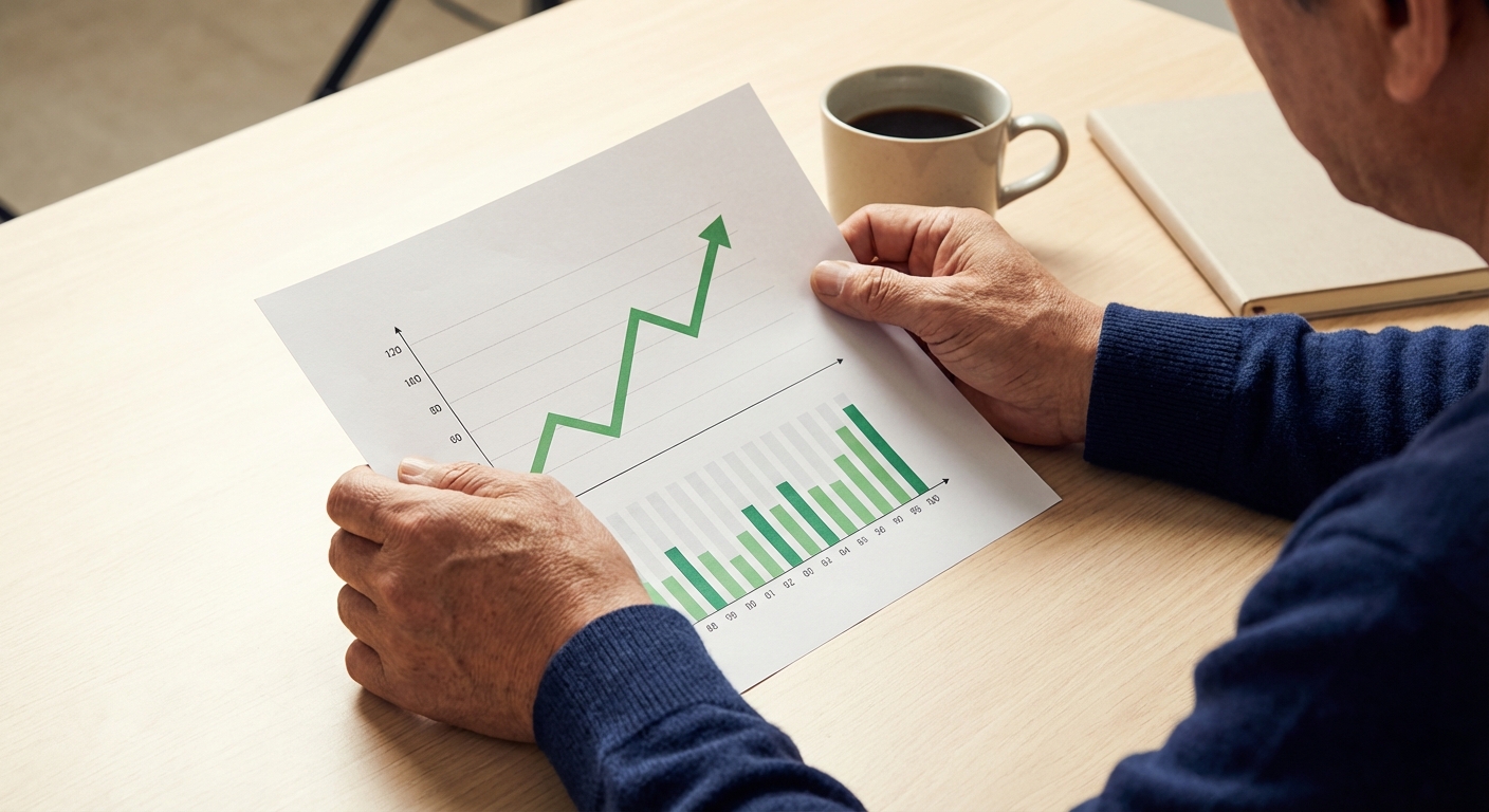 한국 성인의 손이 명확한 상승 추세를 보이는 금융 그래프를 들고 있는 고각도 사진.