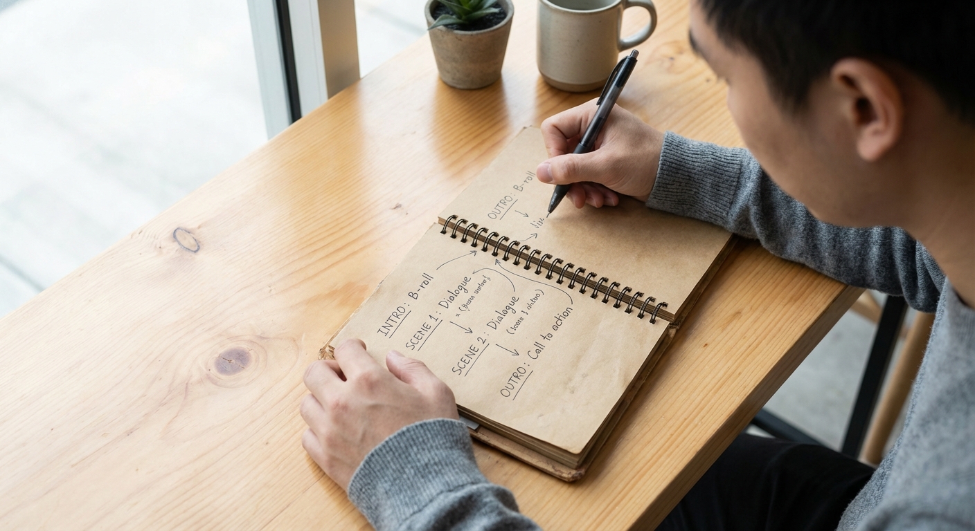 노트북 옆에 놓인 공책에 영상 스크립트를 손으로 작성하는 한국인 성인의 손