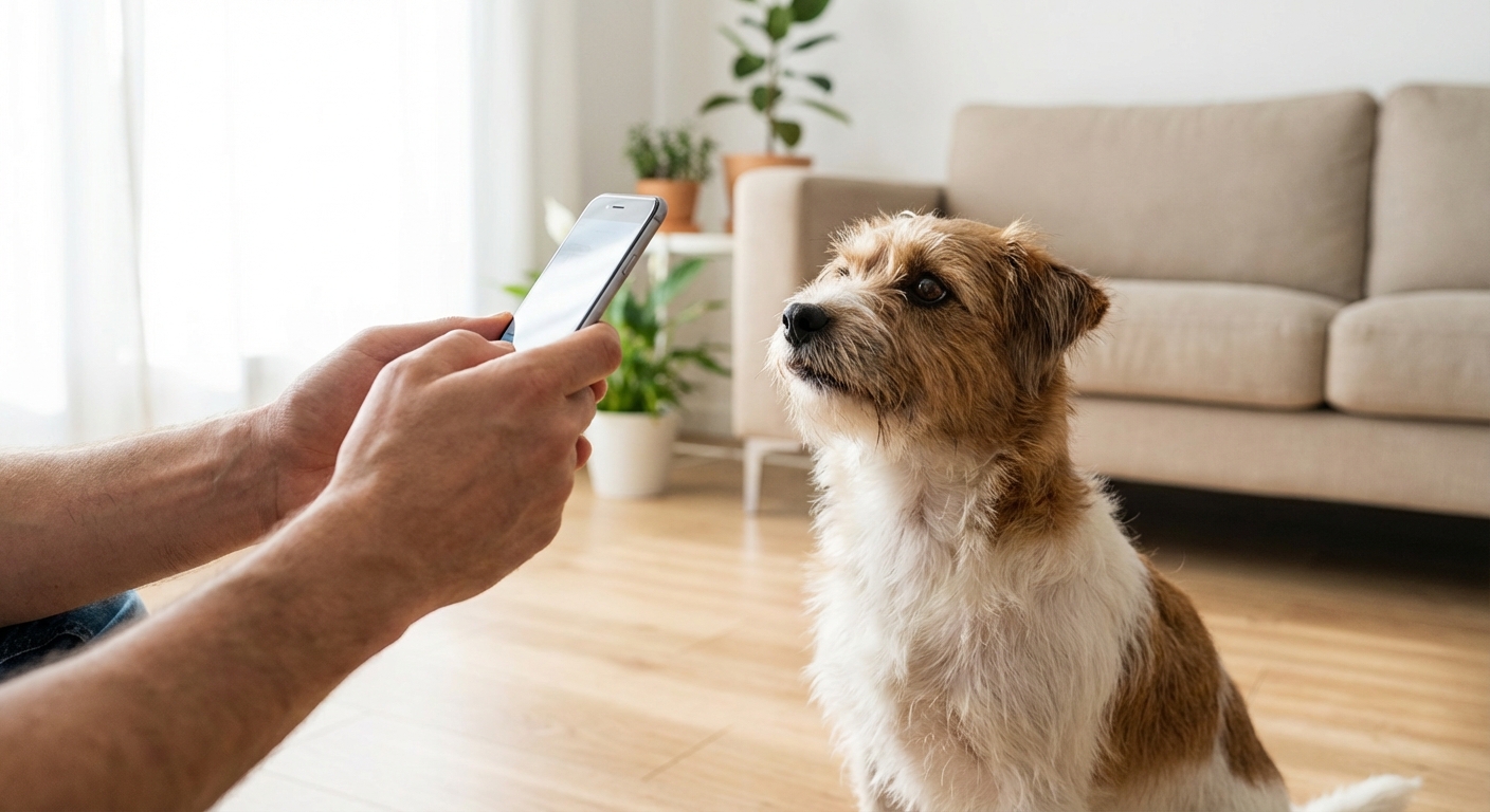 한 한국인 성인이 스마트폰으로 작은 강아지를 촬영하는 모습