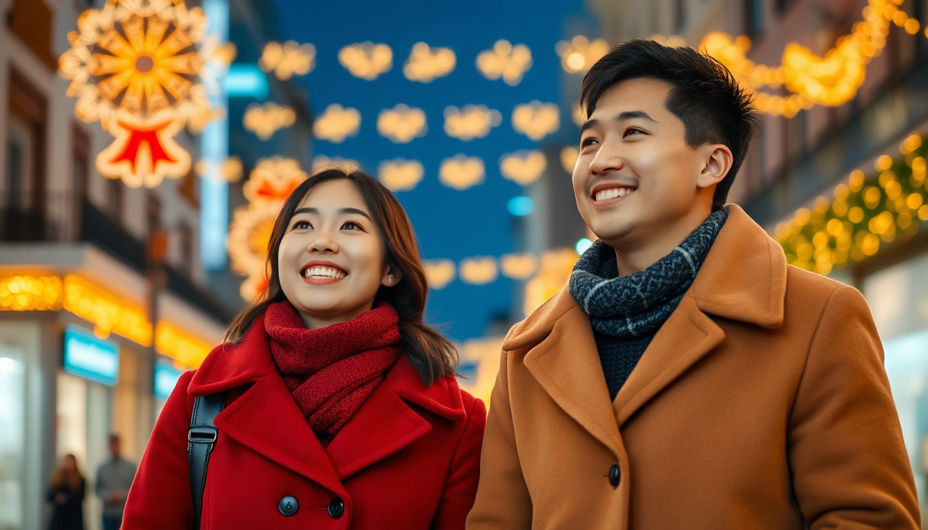 연말 해외여행을 즐기는 행복한 한국인 커플