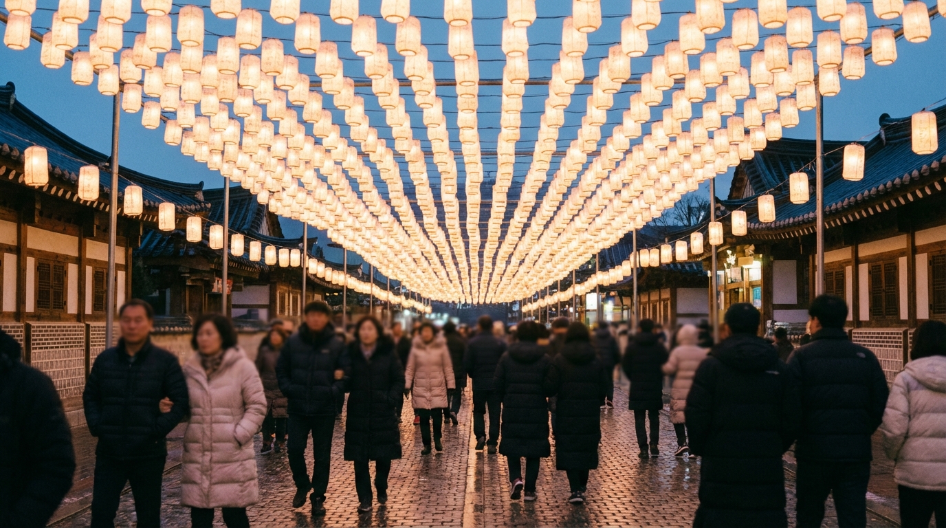 수많은 산천어 등불로 아름답게 장식된 화천 선등거리의 야경.