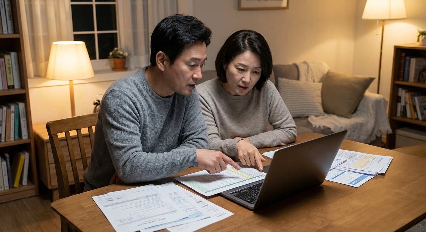2026 연말정산 절세 팁, 세금 폭탄 피하는 법 3 한국인 부부가 식탁에 앉아 노트북 화면을 함께 보며 세금 서류를 놓고 이야기하는 모습.