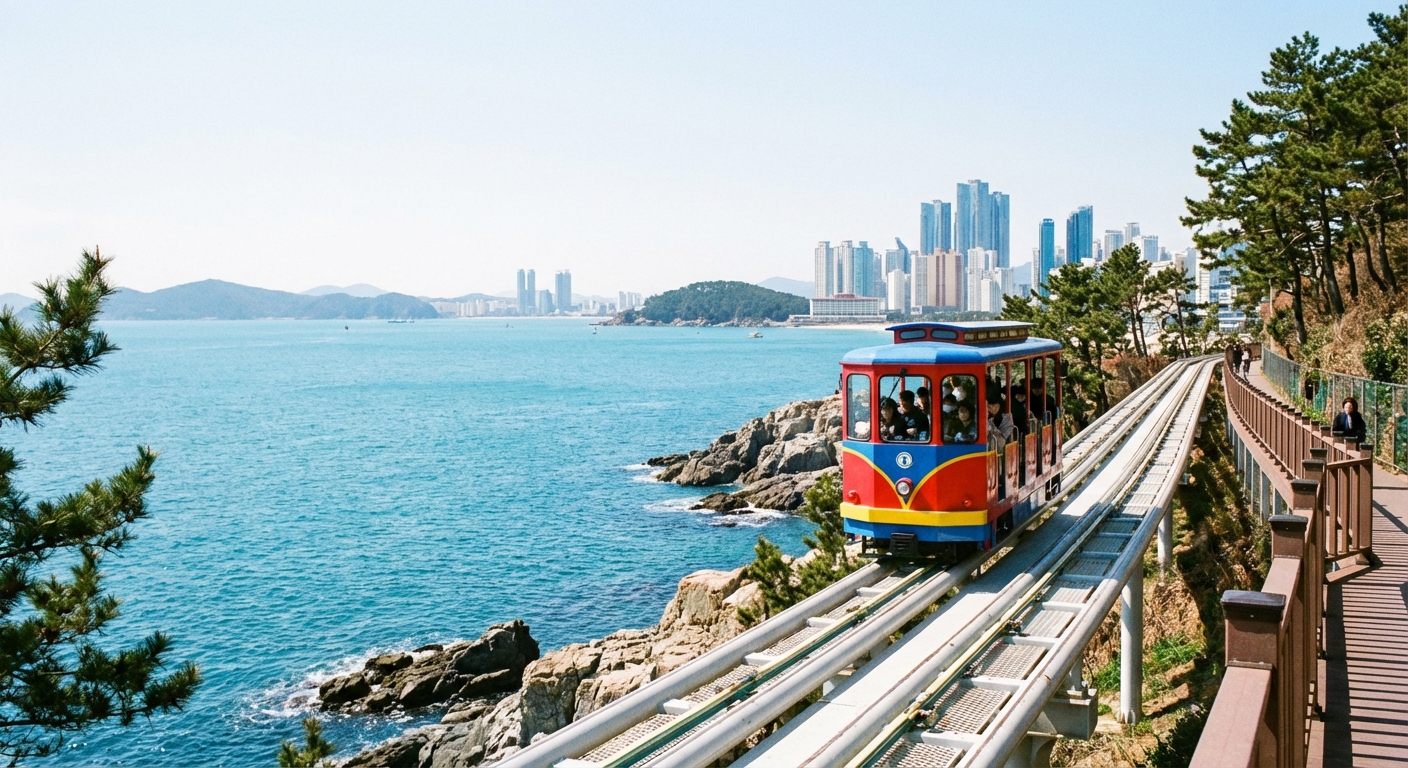 푸른 바다 옆 해안선을 따라 이동하는 해운대 블루라인파크 스카이캡슐.