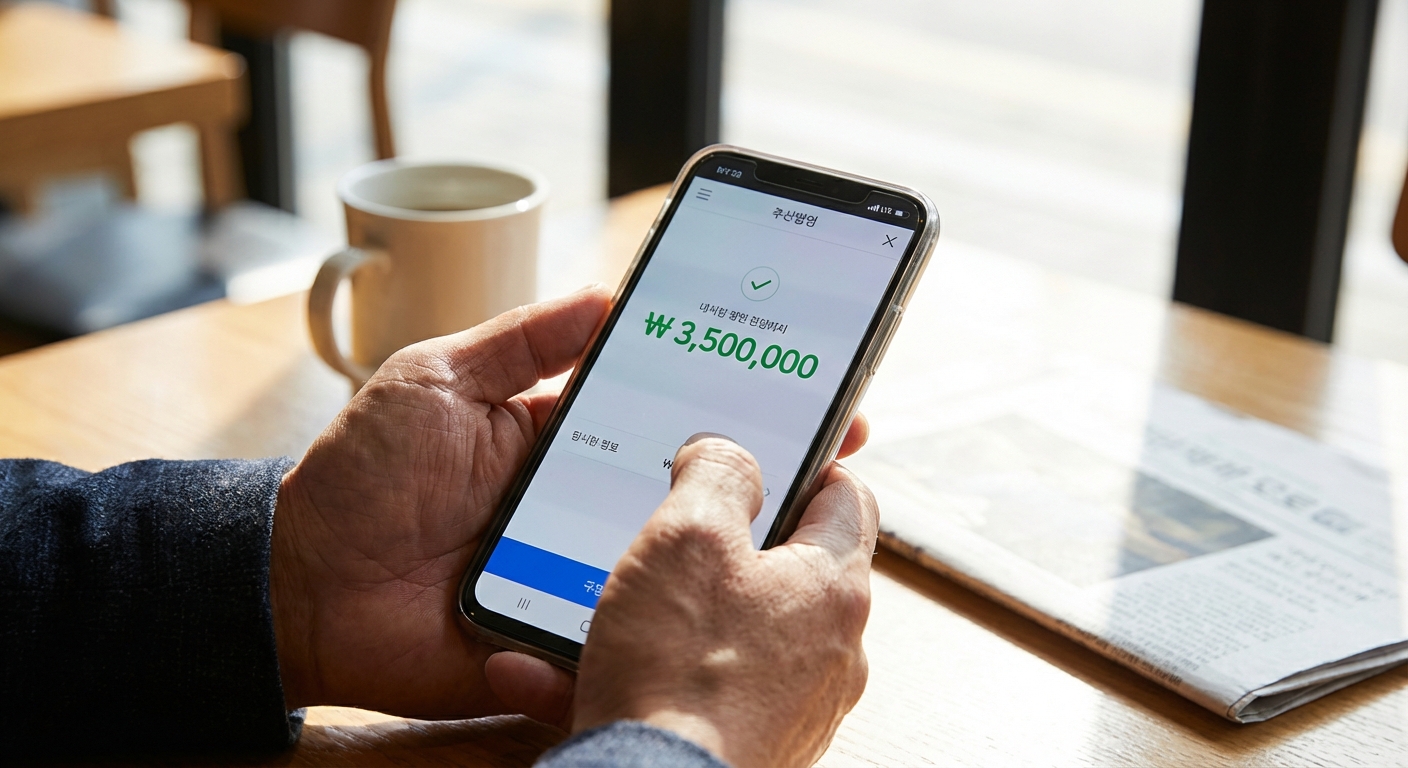 한국 성인 직장인의 손이 스마트폰 뱅킹 앱에서 최종 월급 실수령액을 확인하고 있는 모습