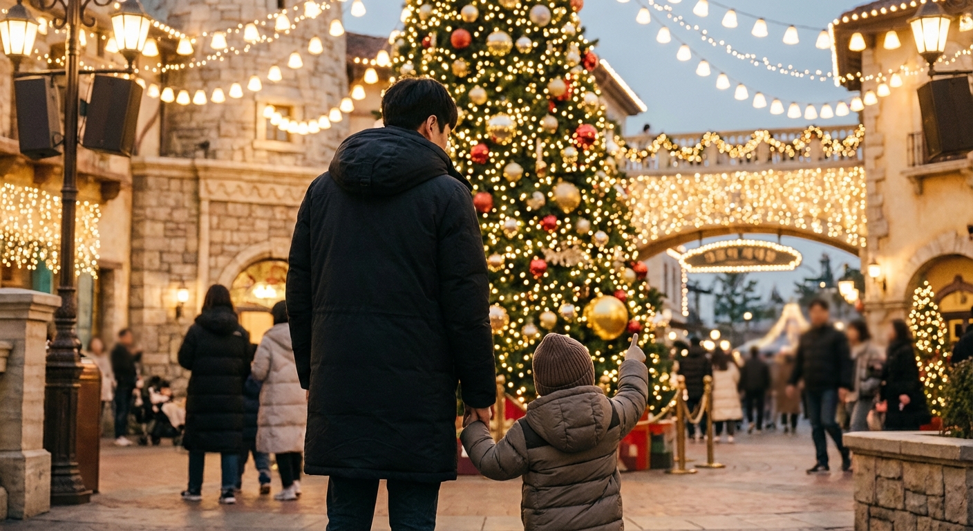 웅장하게 장식된 대형 크리스마스 트리 앞에서 뒤에서 바라본 한국인 성인과 어린아이가 장식을 가리키는 모습, 화려한 트리 조명과 어우러져 따뜻한 빛을 내는 밝고 축제 분위기의 실내 조명 속 리얼리스틱 에디토리얼 사진.