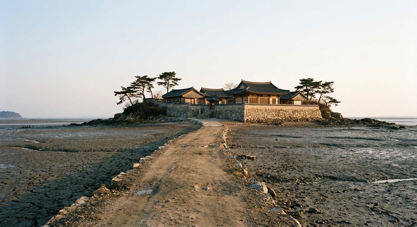 썰물 때 바닷길이 드러난 서해 간월암의 모습.