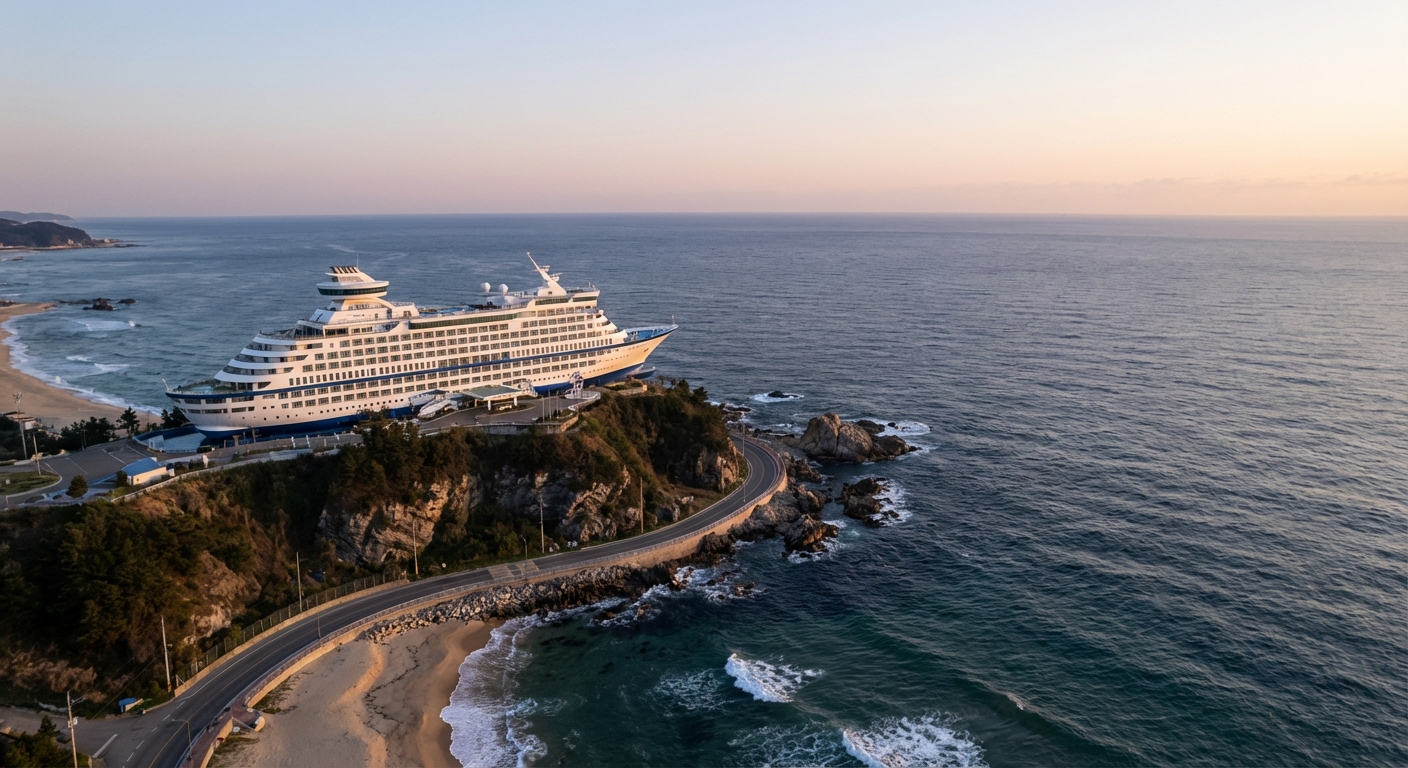 바다를 내려다보는 절벽 위에 웅장하게 서 있는 배 모양의 정동진 썬크루즈 리조트 전경