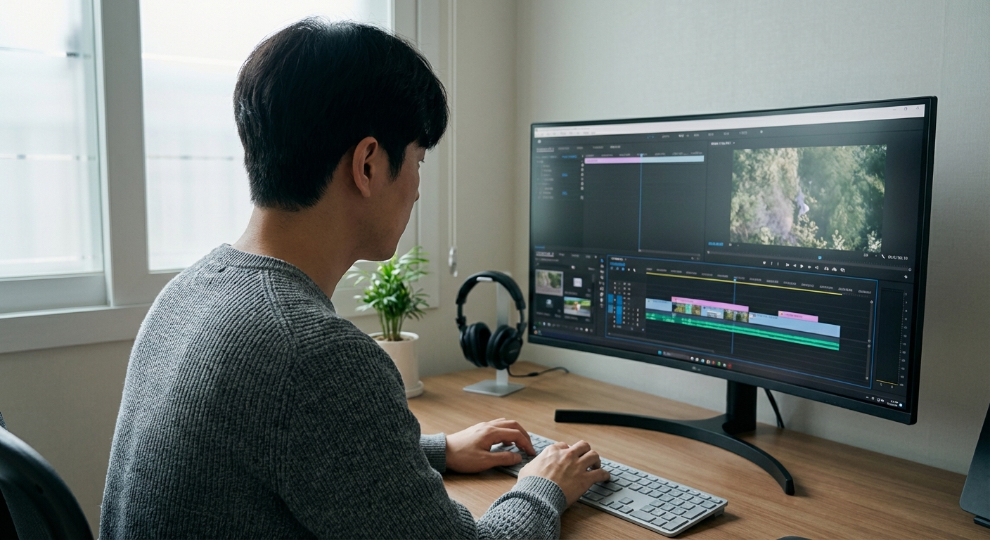 한국 성인이 잘 정돈된 홈 오피스에서 컴퓨터 모니터를 응시하며 깔끔하고 직관적인 영상 제작 인터페이스를 사용하는 오버더숄더 이미지.