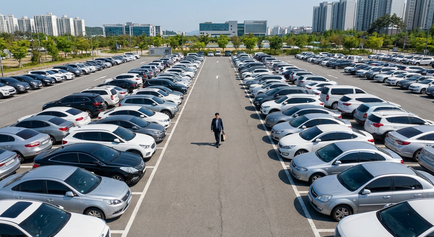 2026년 설날 무료주차장 완벽 가이드: 명절 주차 걱정 끝 1 넓고 잘 정돈된 야외 공영주차장에 여러 대의 차량이 깔끔하게 주차되어 있고 한 한국인 성인이 걸어가는 모습