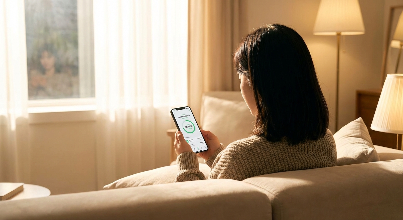 스마트폰 화면에서 긍정적인 금융 잔액을 확인하는 청년의 모습